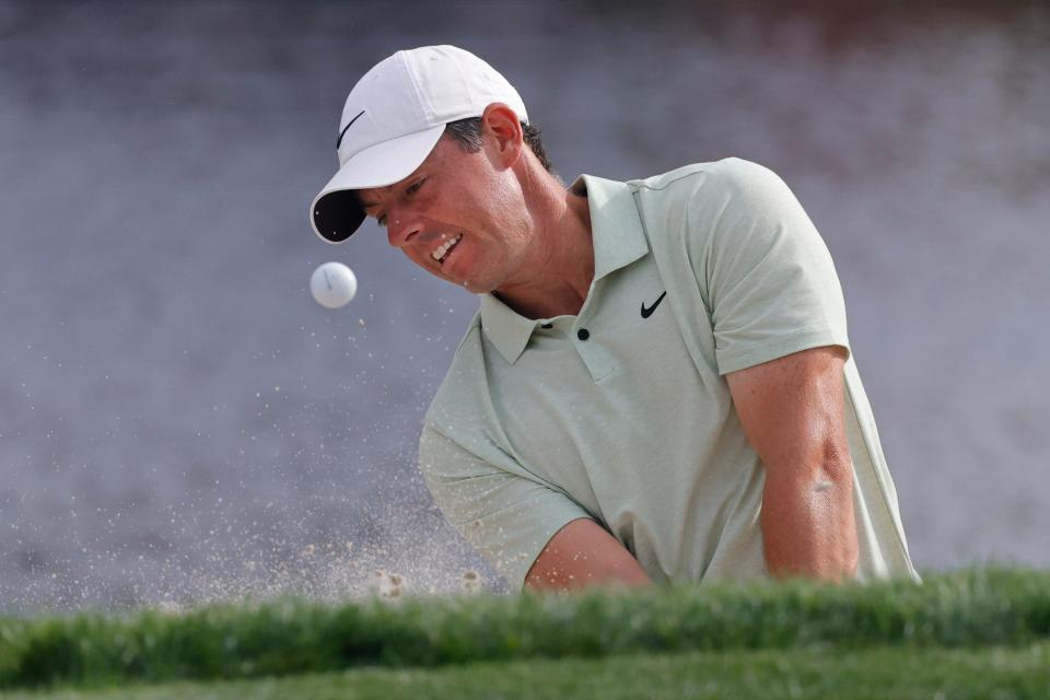 Mar 10, 2024; Orlando, Florida, USA; Rory McIlroy hits from the bunker on the 17th green during the final round of the Arnold Palmer Invitational golf tournament. Mandatory Credit: Reinhold Matay-USA TODAY Sports