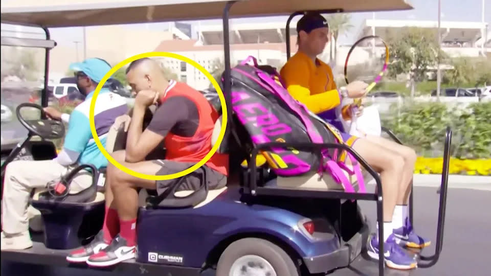 Nick Kyrgios and Rafa Nadal shared an awkward ride to the court together at Indian Wells. Image: Eurosport
