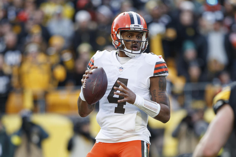 FILE -Cleveland Browns quarterback Deshaun Watson (4) looks to pass during an NFL football game, Sunday, Jan. 8, 2023, in Pittsburgh, Pa. Cleveland general manager Andrew Berry indicated, Tuesday, Feb. 28, 2023, the team may restructure the five-year, $230 million deal it used to entice Watson to agree to a trade from Houston to the Browns one year ago. (AP Photo/Matt Durisko, File)