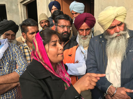 Rupinder Kaur Ruby, an Aam Aadmi Party (AAP) candidate, speaks to reporters at Teona village, in the northern state of Punjab, India, January 27, 2017. Picture taken January 27, 2017. REUTERS/Tommy Wilkes