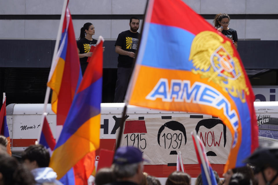 Armenian Americans commemorate the 108th anniversary of the Armenian Genocide Remembrance Day with a protest outside the Consulate of Turkey in Beverly Hills, Calif., Monday, April 24, 2023. (AP Photo/Damian Dovarganes)
