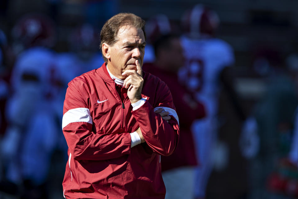 Alabama coach Nick Saban looks on before a game against Mississippi State on Nov. 16, 2019. (Wesley Hitt/Getty Images)