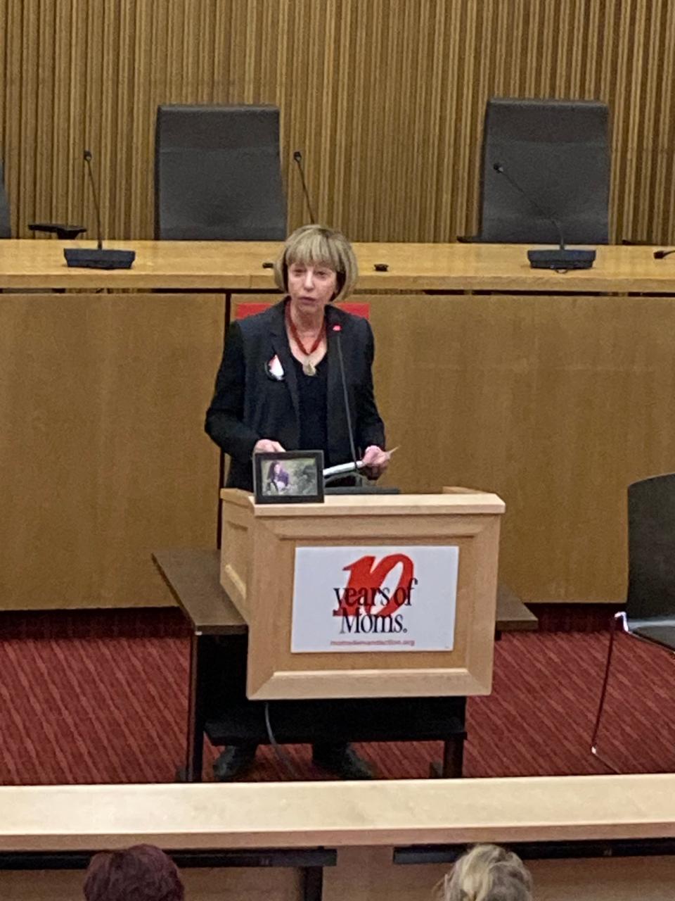 Majority Leader Sen. Cynthia Creem, D-Newton, urges commonsense measure to address gun violence in Massachusetts at the advocacy day for Moms Demand Action, a gun violence reduction organization, on Wednesday in Boston.