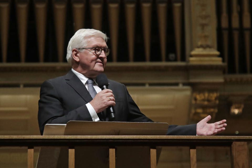 German President Frank-Walter Steinmeier speaks prior to a joint concert of the Boston Symphony Orchestra and Germany's visiting Leipzig Gewandhaus Orchestra, Thursday, Oct. 31, 2019, at Symphony Hall in Boston. (AP Photo/Elise Amendola)