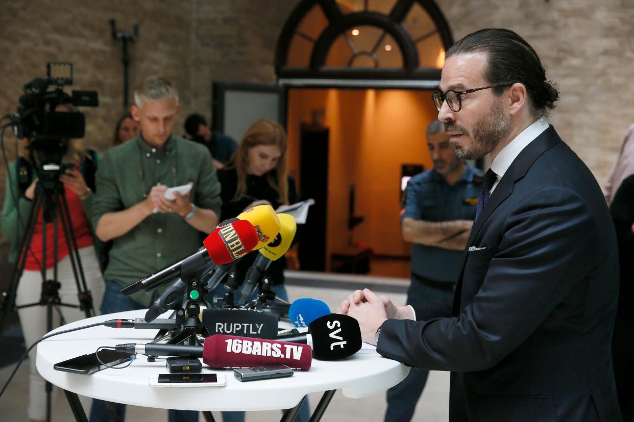 Slobodan Jovicic, A$AP Rocky's lawyer, speaks to the media in Stockholm, Sweden, on July 19.