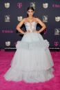 <p>La presentadora dominicana acaparó todas las miradas al llegar a la alfombra magenta con este espectacular traje gris <em>strapless</em> con falda vaporosa de <strong>Giannina Azar</strong>, que la hacía ver como toda una princesa. </p>