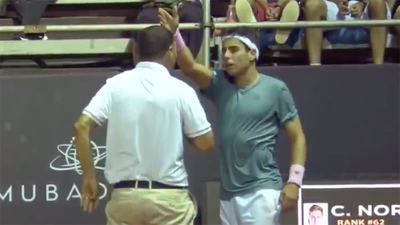 Jaume Munar clashed with Mohamed Lahyani in the deciding tiebreak. Pic: TennisTV