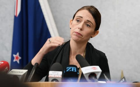 New Zealand Prime Minister Jacinda Ardern speaks to the media in Christchurch - Credit: Getty