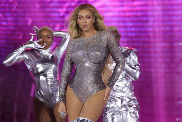 <p>Kevin Mazur/WireImage</p> Beyoncé performing on stage during her Renaissance World Tour.