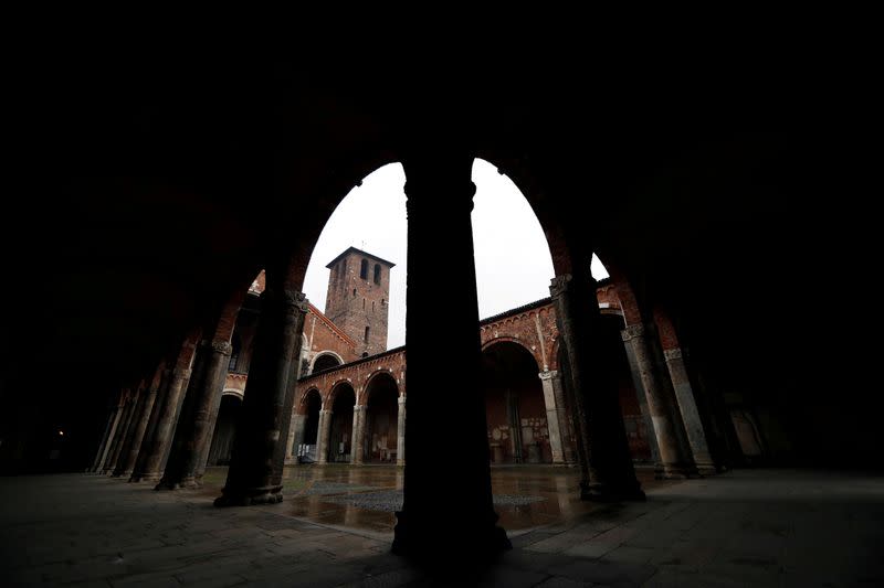 The empty cloister of the Sant'Ambrogio Basilica is pictured in Milan