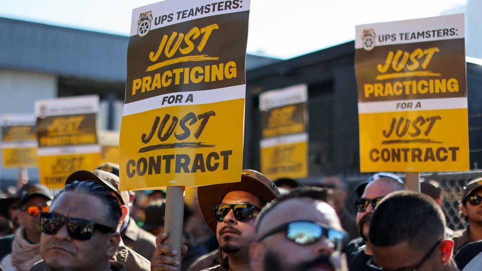 Teamsters employed by UPS hold a rally outside a UPS facility in Los Angeles in July as an August 1st strike deadline against the company approached. The union won a contract approved by 86% of membership who voted on ratification. - Mike Blake/Reuters