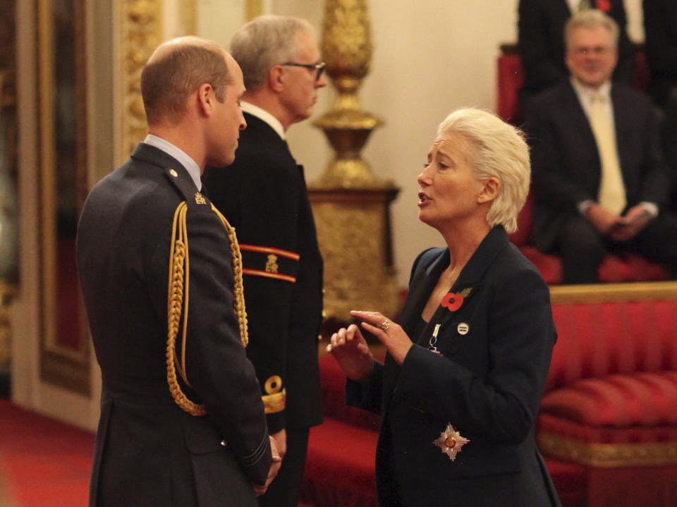 Emma Thompson teases Prince William as she accepts her damehood. Photo: AAP