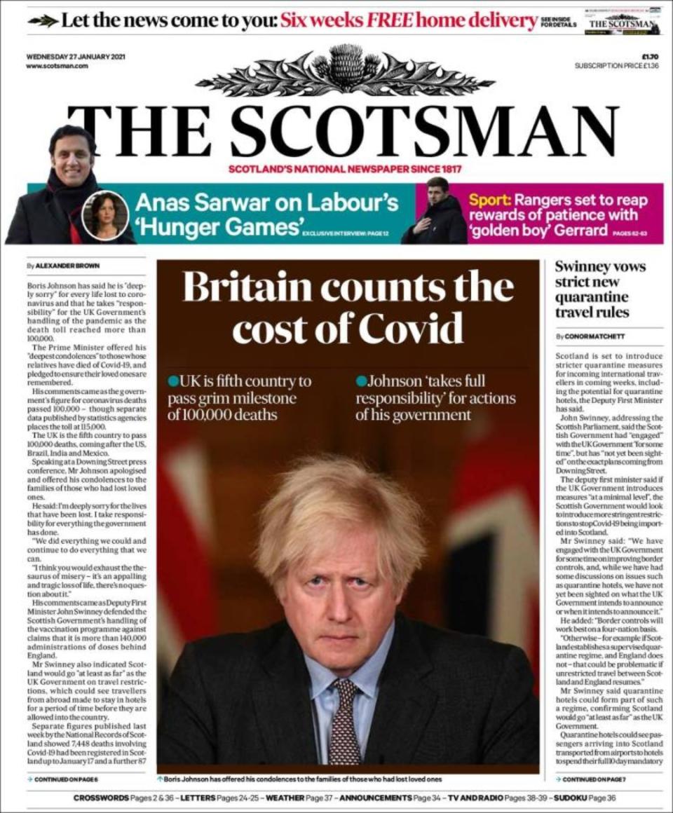 “Reino Unido calcula el coste de la Covid”, titula su portada ‘The Scotsman’ con otra fotografía del primer ministro Boris Johnson. (Foto: <a href="http://www.scotsman.com/" rel="nofollow noopener" target="_blank" data-ylk="slk:The Scotsman;elm:context_link;itc:0;sec:content-canvas" class="link ">The Scotsman</a>).