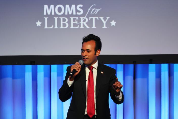 Republican presidential candidate Vivek Ramaswamy speaks at the Moms for Liberty Joyful Warriors National Summit.  (Photo by Michael M. Santiago/Getty Images)