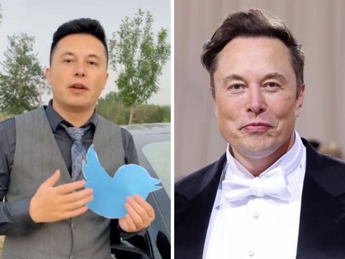 A composite image of TikToker Elong Musk (Ma Yilong) and Elon Musk