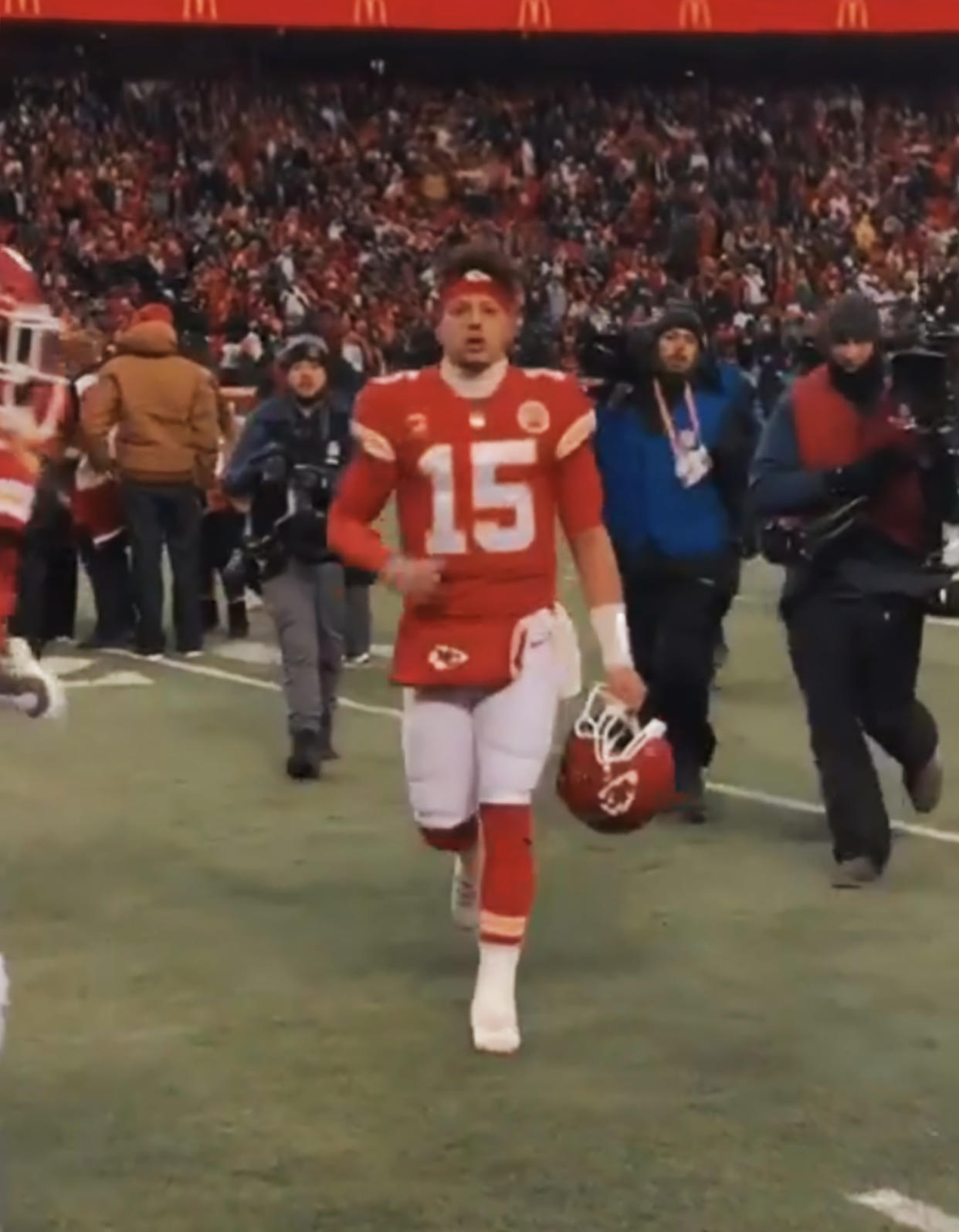 Brittany Mahomes shared a video of her husband, Kansas City Chiefs quarterback Patrick Mahomes, running off the field to greet her and their daughter, Sterling Skye. (@brittanylynne via Instagram)
