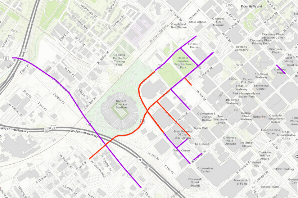 This screen capture shows road closures due to the ACC Football Championship Game, scheduled for Saturday, Dec. 4, 2021. Check the Charlotte Department of Transportation’s website for an interactive map.