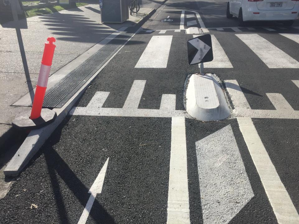 Another image of the concrete islands on Jonson Street, Byron Bay, which have been labelled a 'death trap' by a cyclist.