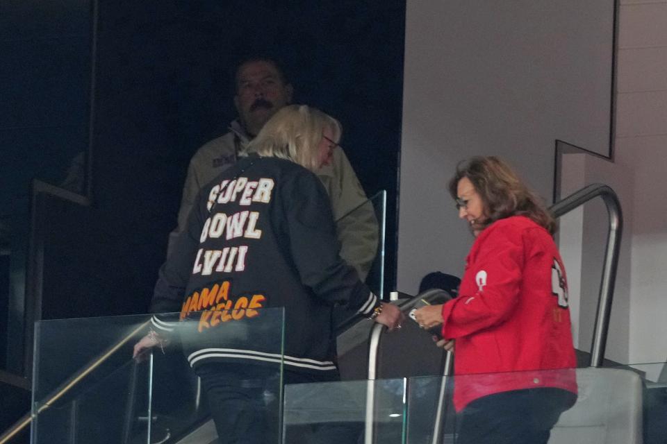"Mama Kelce" is printed on the back of a custom jacket worn by Donna Kelce, mother of Kansas City Chiefs tight end Travis Kelce, before Super Bowl LVIII against the San Francisco 49ers at Allegiant Stadium in Las Vegas on Feb. 11, 2024.