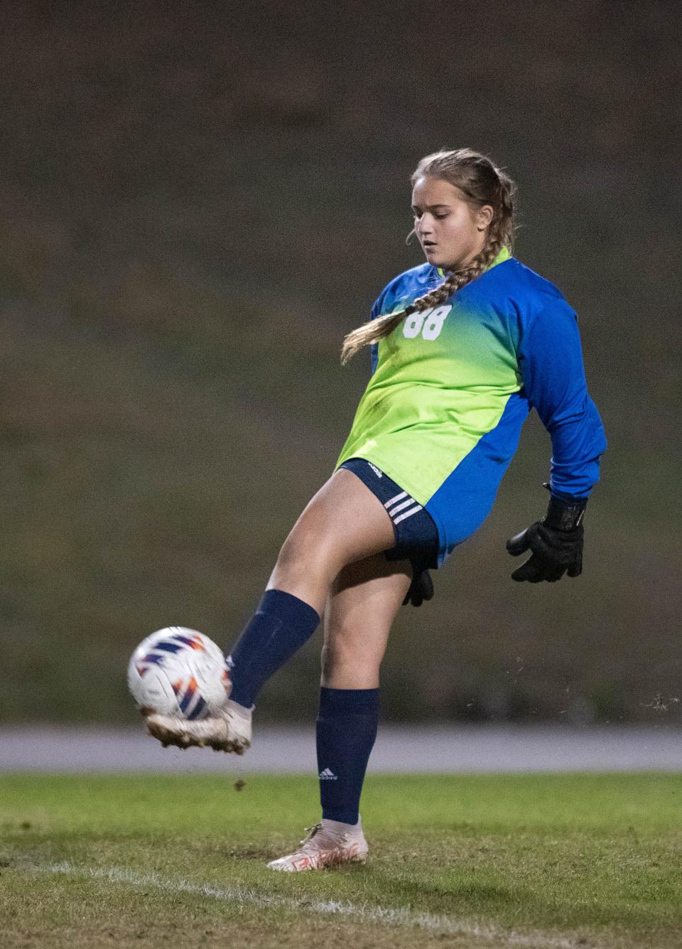 Gators goal keeper Lilah Abdel-Ghani (88) boots the ball during the Booker T. Washington vs Escambia girls soccer game at Escambia High School in Pensacola on Friday, Jan. 6, 2023.