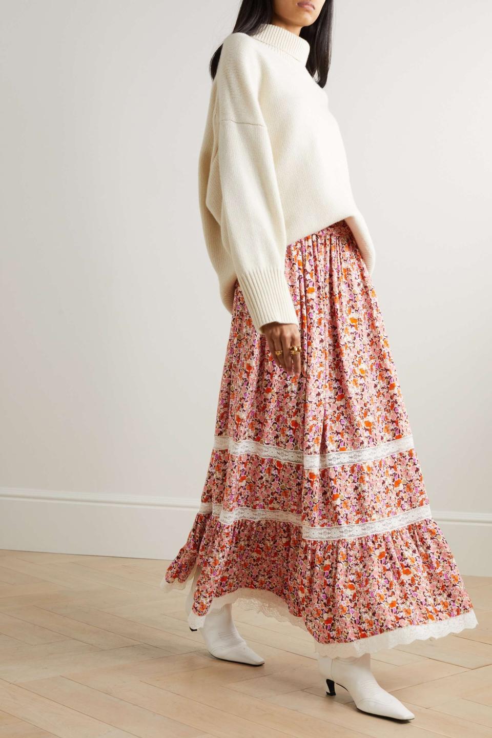 6) + NET SUSTAIN Clotilde Lace-Trimmed Floral-Print Crepe de Chine Maxi Skirt