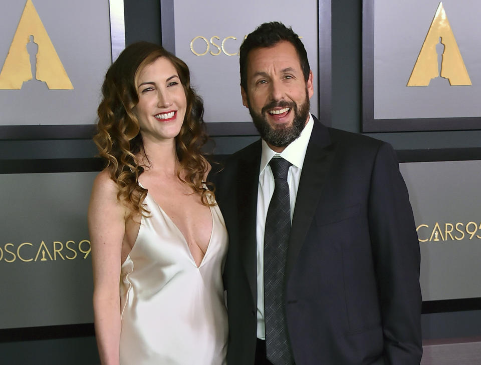 FILE - Jackie Sandler, left, and her husband Adam Sandler appear at the Governors Awards on Nov. 19, 2022 in Los Angeles. (Photo by Jordan Strauss/Invision/AP, File)