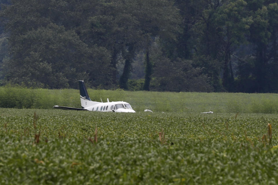 Una avioneta robada por un empleado aeroportuario yace sobre un cultivo de soya donde la aterrizo´cerca de Ripley, Mississippi, el sábado 3 de septiembre de 2022. (AP Foto/Nikki Boertman)