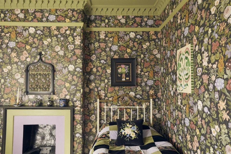 Floralia wallpaper and velvet fabric in Noir by House of Hackney