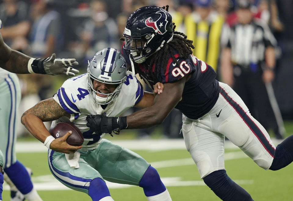 Houston Texans linebacker Jadeveon Clowney sacks Dak Prescott in a game against the Cowboys last season. (AP)