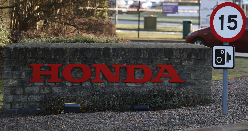 The South Gate entrance of the Honda car plant in Swindon, England, Tuesday, Feb. 19, 2019. The Japanese carmaker Honda announced Tuesday that its Swindon car factory in western England, will close in 2022, with the potential loss of some 3,500 jobs.(AP Photo/Frank Augstein)