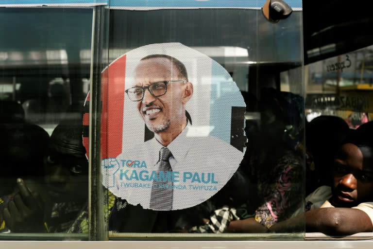 A bus is adorned with an image of incumbent Rwandan President Paul Kagame, expected to win a third election term in Friday's poll