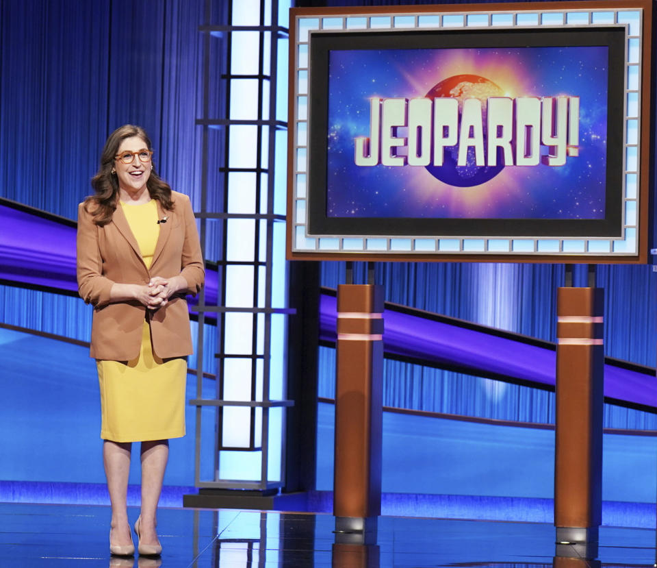 This image released by CBS Media Ventures shows host Mayim Bialik during a taping of the game show "Jeopardy!", that aired on July 5, 2022. (Tyler Golden/CBS Media Ventures via AP)