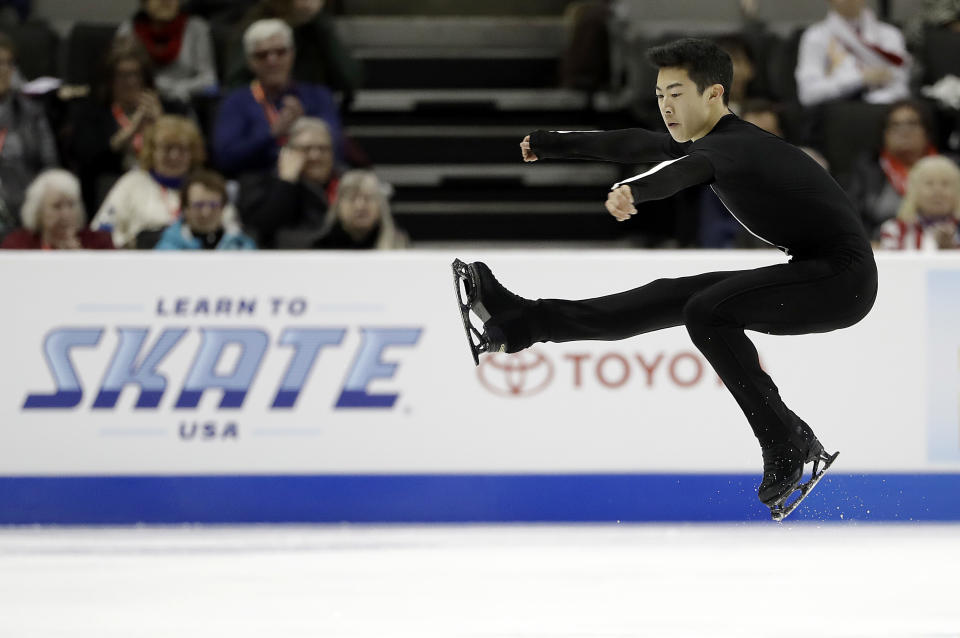 In this Jan. 4 file photo, Nathan Chen performs during the men’s short program at the U.S. Figure Skating Championships in San Jose, Calif. (AP)