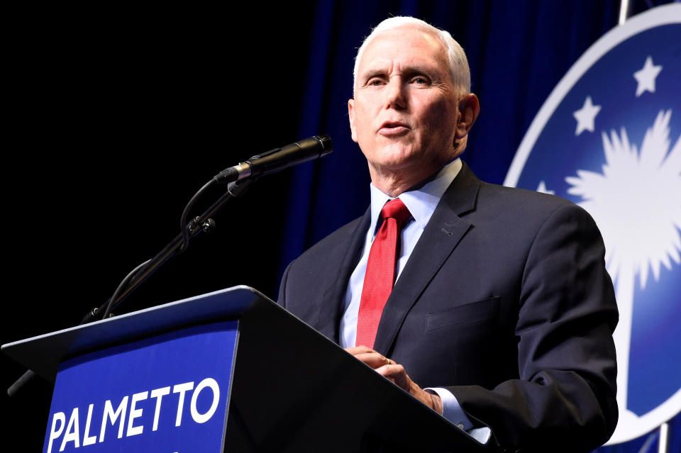 In his first public speech since leaving office, former Vice President Mike Pence speaks at a dinner hosted by Palmetto Family on Thursday, April 29, 2021, in Columbia, S.C. (AP Photo/Meg Kinnard)