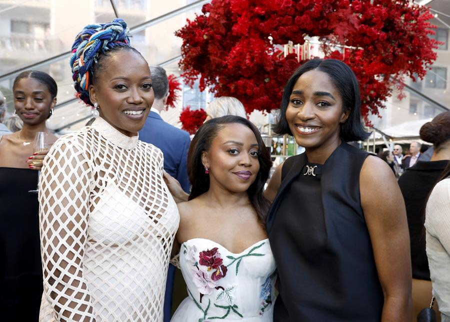 (Left to Right) American actresses Erika Alexander, Quinta Brunson and Ayo Edebiri attend the very British 2024 BAFTA Tea Party presented by Delta Air Lines, Virgin Atlantic and BBC Studios Los Angeles Productions at The Maybourne Beverly Hills. (Frazer Harrison/Getty Images for BAFTA)