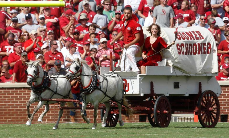 The Sooner Schooner is driven out onto the field following an Oklahoma touchdown in the first quarter of an NCAA college football game. Oklahoma sued the NCAA for rights to negotiate their own tv contracts in 1980, and won, forever changing the economics of college football