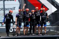 Sailing - America's Cup finals - Hamilton, Bermuda - June 26, 2017 - Peter Burling, Emirates Team New Zealand Helmsman celebrates with his team after defeating Oracle Team USA in race nine to win the America's Cup. REUTERS/Mike Segar