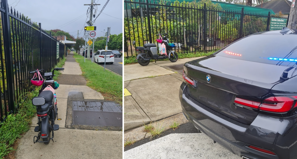 A Canley Vale woman's bike beside a black BMW police car. 