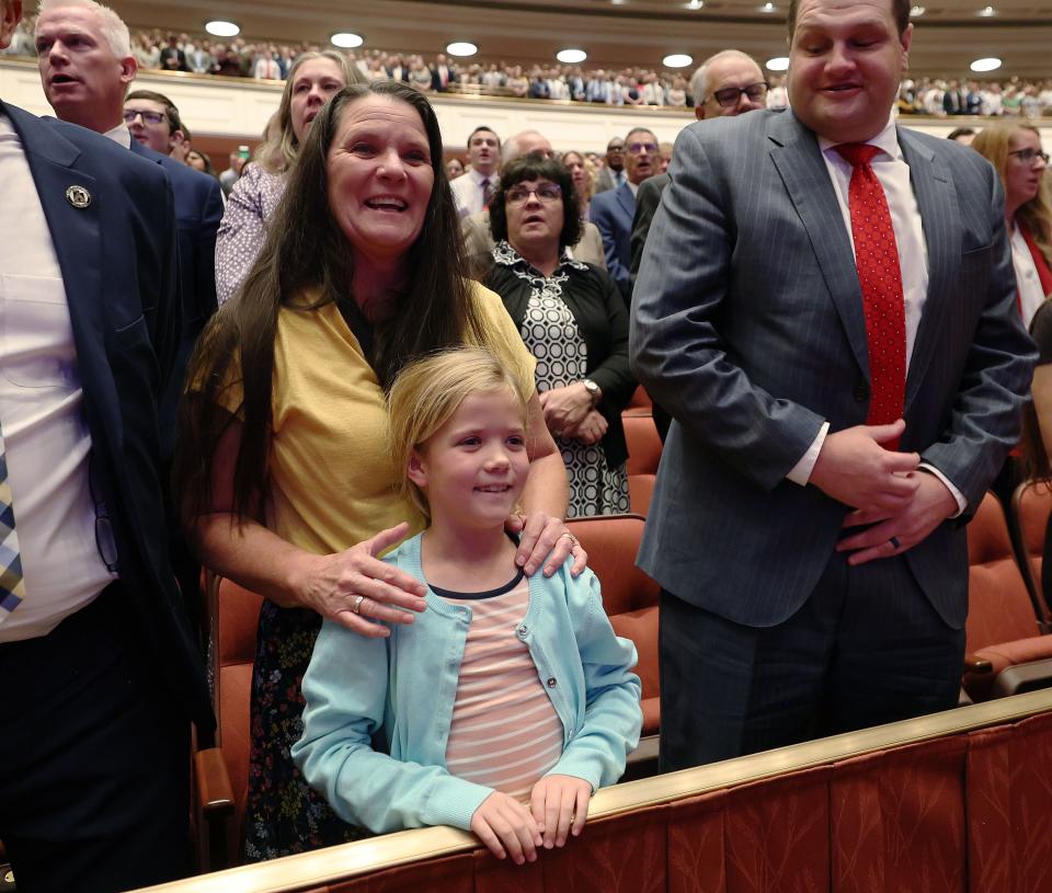 Evelyn Wagner, Ann Peterson and Jeff Rogers sing during during the193rd Semiannual General Conference of The Church of Jesus Christ of Latter-day Saints at the Conference Center in Salt Lake City on Saturday, Sept. 30, 2023. | Jeffrey D. Allred, Deseret News