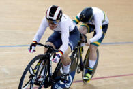 Cycling - UCI Track World Championships - Women's Sprint, Final - Hong Kong, China - 14/4/17 - Germany's Kristina Vogel competes with Australia's Stephanie Morton. REUTERS/Bobby Yip