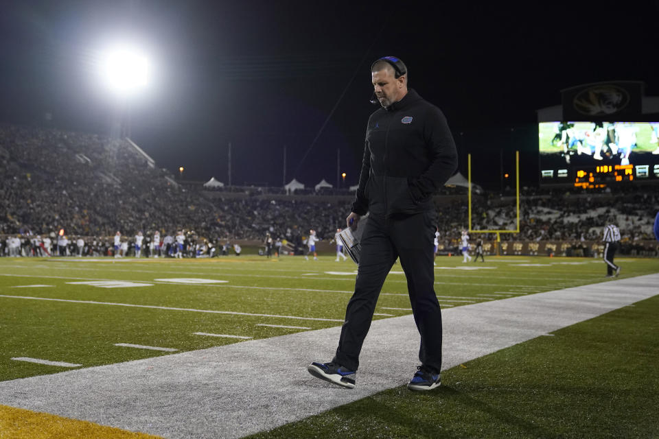 Florida head coach Billy Napier roams the sidelines during the second half of an NCAA college football game against Missouri Saturday, Nov. 18, 2023, in Columbia, Mo. Missouri won 33-31. (AP Photo/Jeff Roberson)