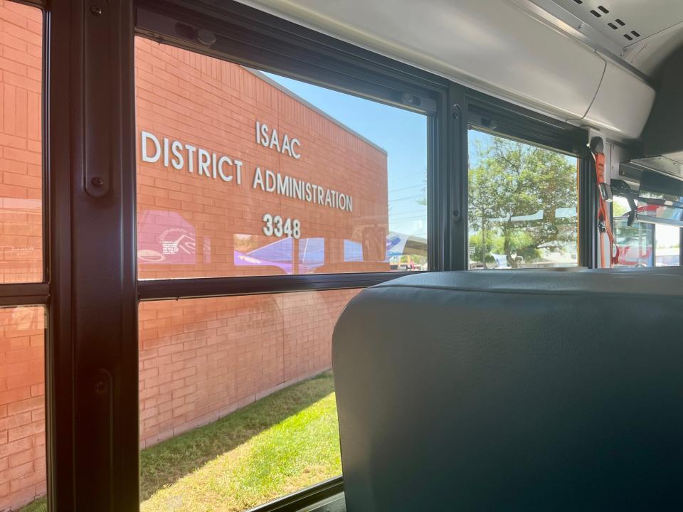 The Isaac School District administration building seen from the windows of a new electric school bus that the district obtained through federal funding in May 2023.