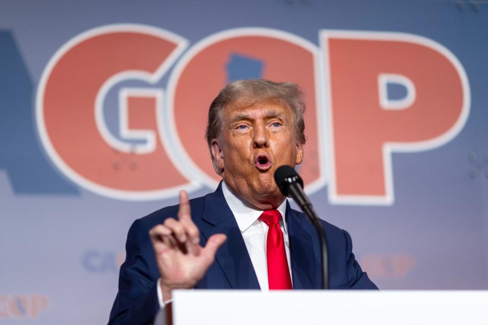 ANAHEIM, CALIFORNIA - SEPTEMBER 29: Former U.S. President Donald Trump speaks at the California GOP Fall convention on September 29, 2023 in Anaheim, California. Presidential candidates set to speak at the convention include former President Donald Trump, Florida Gov. Ron DeSantis, South Carolina Sen. Tim Scott, and entrepreneur, Vivek Ramaswamy. The event takes place from September 29 through October 1.