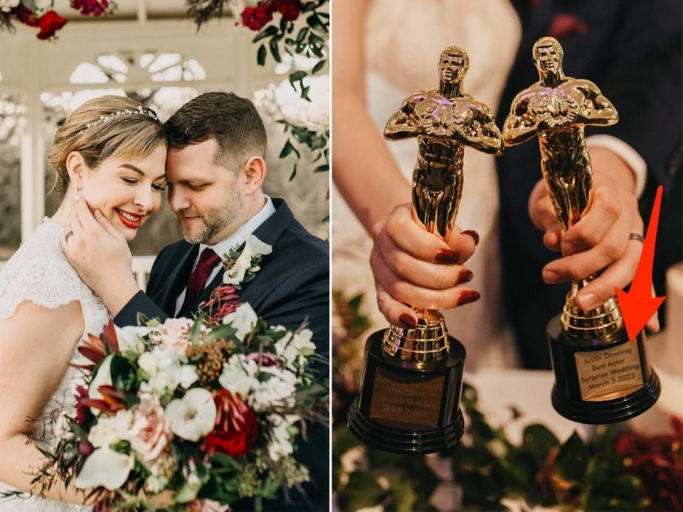 A side-by-side of a bride and groom embracing and the couple holding trophies.