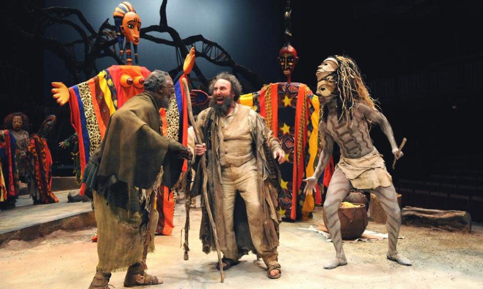 Antony Sher, centre, as Prospero, with John Kani, left, as Caliban, and Atandwa Kani as Ariel in the RSC&#x002019;s The Tempest at the Courtyard Theatre, Stratford-upon-Avon, 2009.