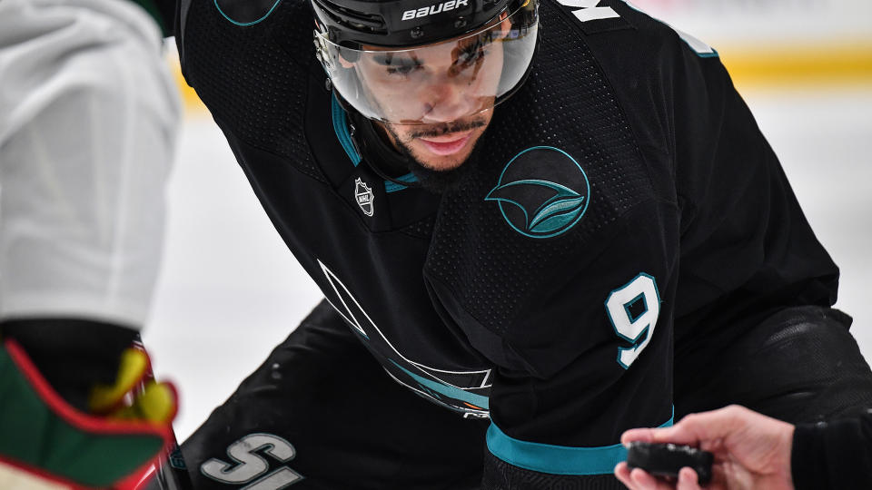 SAN JOSE, CA - MARCH 05:  Evander Kane #9 of the San Jose Sharks prepares for a face off against the Minnesota Wild at SAP Center on March 5, 2020 in San Jose, California. (Photo by Brandon Magnus/NHLI via Getty Images)