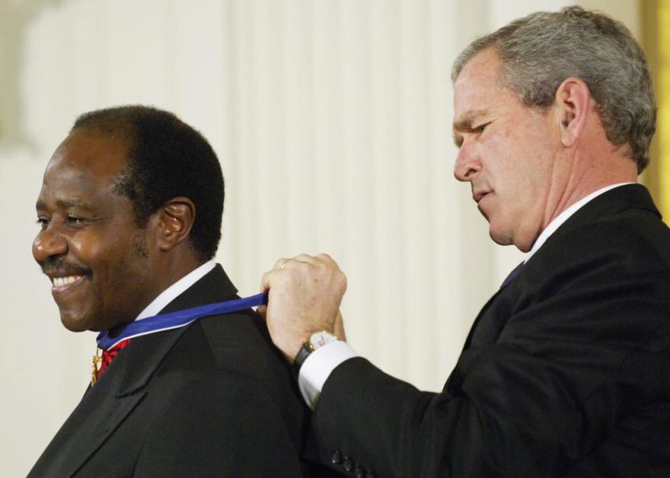 <div class="inline-image__caption"><p>Paul Rusesabagina receiving the U.S. Presidential Medal of Freedom in 2005.</p></div> <div class="inline-image__credit"> MANDEL NGAN/AFP via Getty Images</div>