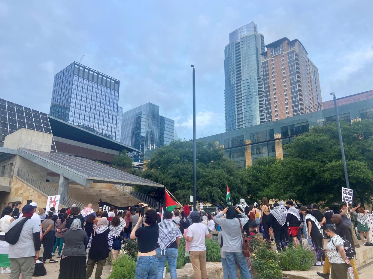About 200 people rallied at Austin City Hall on Tuesday to raise concern about Israel's offensive in Rafah and to call on the city to pass a ceasefire resolution.