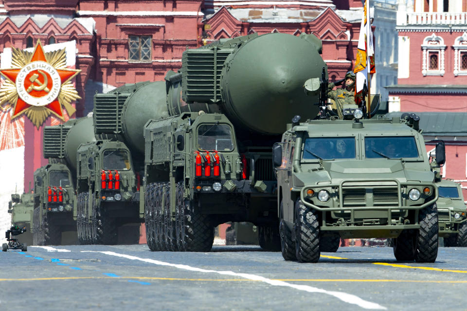 FILE - In this file photo taken on June 24, 2020, Russian RS-24 Yars ballistic missiles roll in Red Square during the Victory Day military parade in Moscow, Russia. Russia is planning massive drills of its strategic military forces that provide a stark reminder of the country's nuclear might. The Russian Defense Ministry announced the war games on Friday amid Western fears that Moscow might be preparing to invade Ukraine. (AP Photo/Alexander Zemlianichenko, File)