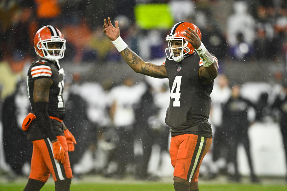 Cleveland Browns quarterback Deshaun Watson reacts during the second half of an NFL football game against the Baltimore Ravens, Saturday, Dec. 17, 2022, in Cleveland. (AP Photo/David Richard)